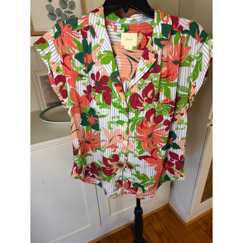 Maeve Anthropologie Tropical Floral Striped Button Down Blouse Small Rayon Top